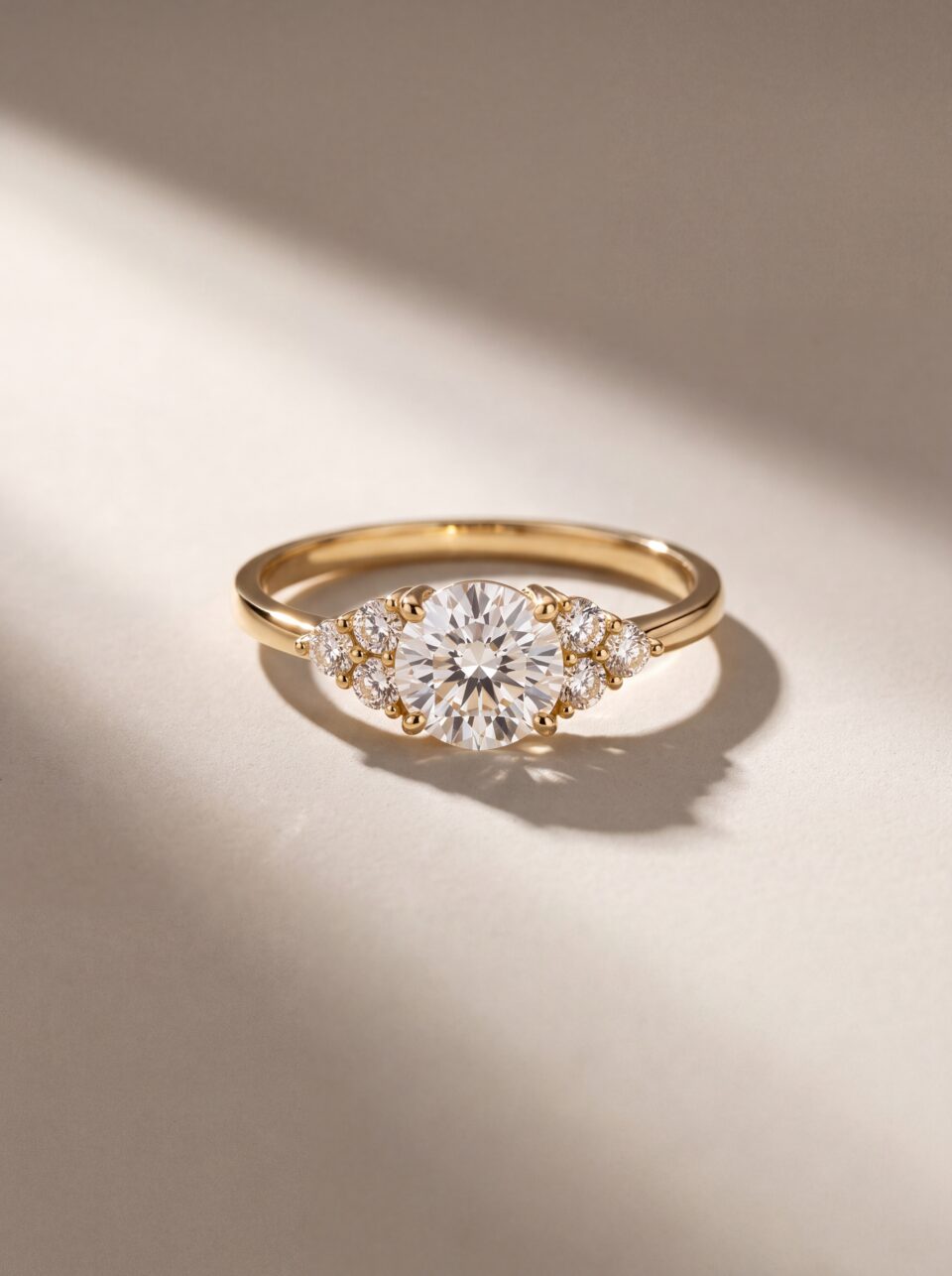 Round Lab Grown Diamond Engagement Ring, Cluster Side Stone Setting, Solid Gold Bridal Wedding Ring, Vintage Inspired Anniversary Gift for Her