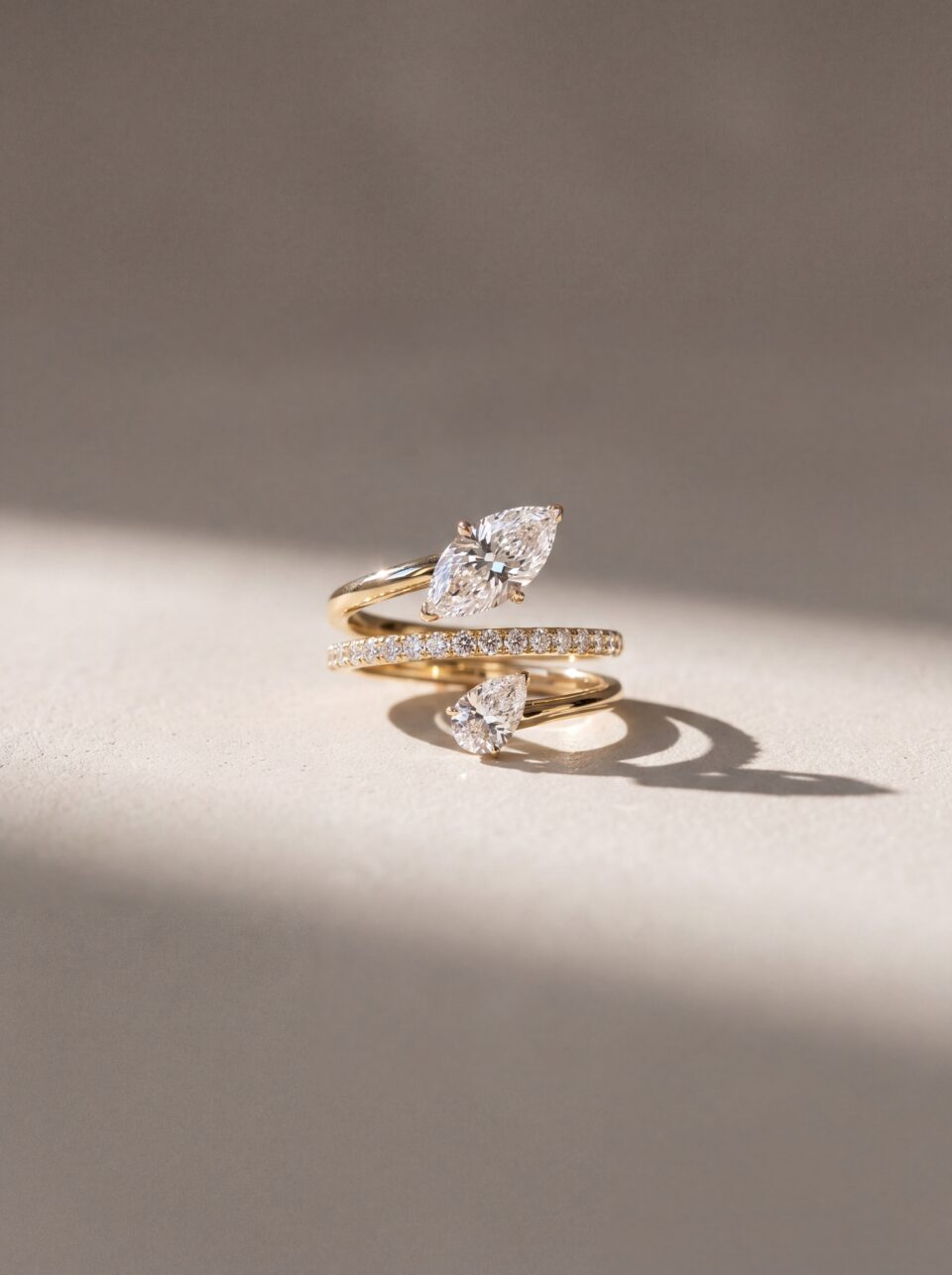 Marquise and Pear Lab Grown Diamond Open Wrap Ring, Pavé Bypass Solid Gold Engagement Ring, Unique Bridal Statement Jewelry