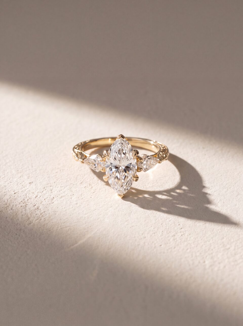 2.00 CTW Marquise Cut Lab Grown Diamond Engagement Ring, kite Side Stone Vintage Solid Gold Ring