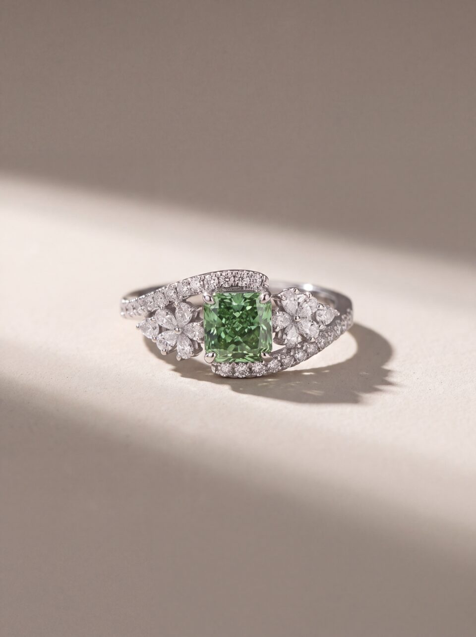 2.80 CTW Green Princess Cut Lab Grown Diamond Engagement Ring, Floral Pear Diamond Split Shank Ring, Solid Gold Bridal Ring
