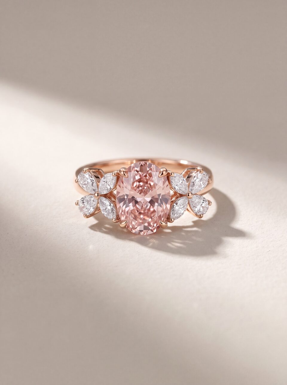 3.40 CTW Pink Oval Lab Grown Diamond Engagement Ring, Marquise Pear Side Stone Floral Cluster, Rose Gold Bridal Anniversary Statement Ring