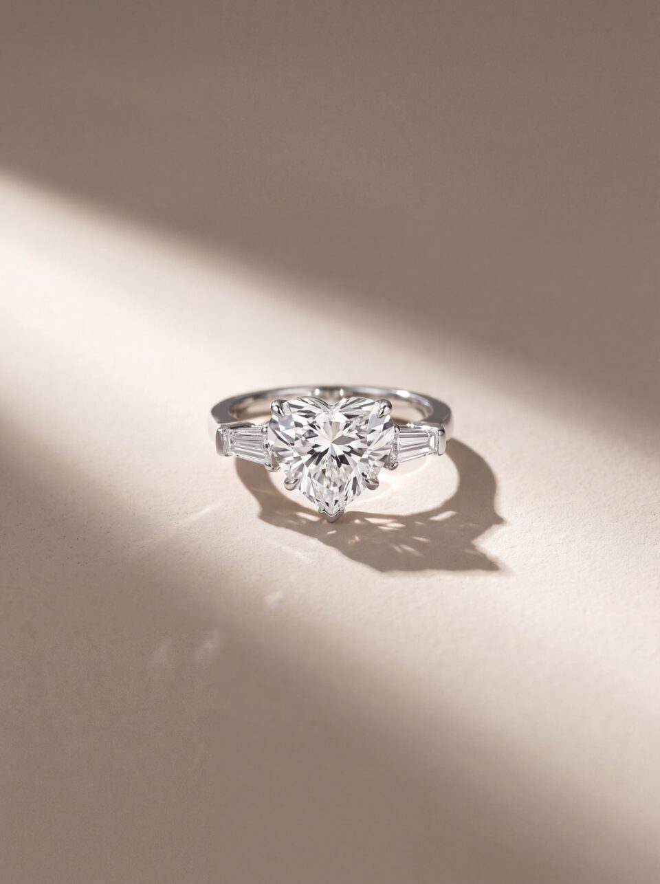 5.20 CTW Heart Cut Lab Grown Diamond Engagement Ring, Three Stone Tapered Baguette Side Stone Ring, Solid Gold Bridal Ring