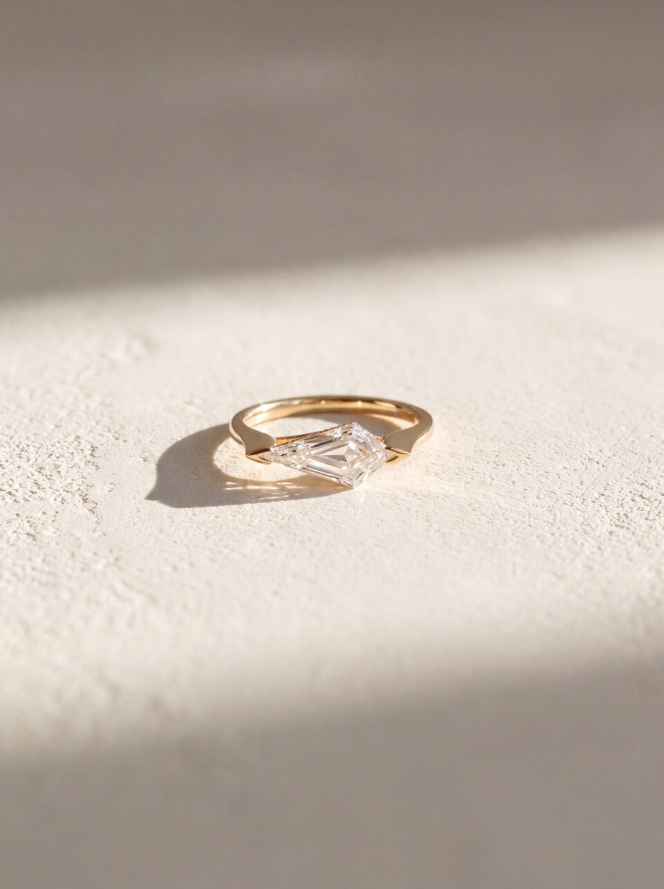 1.16 CTW Elongated Kite Cut Lab Grown Diamond Engagement Ring, East West Geometric Solitaire, Pavé Accent Solid Gold Unique Bridal Jewelry