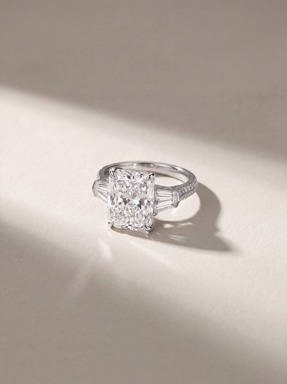 7.15 CTW Elongated Cushion Lab Grown Diamond Ring, Tapered Baguette Side Stones, Pavé Band, Solid Gold Engagement Anniversary Bridal Ring