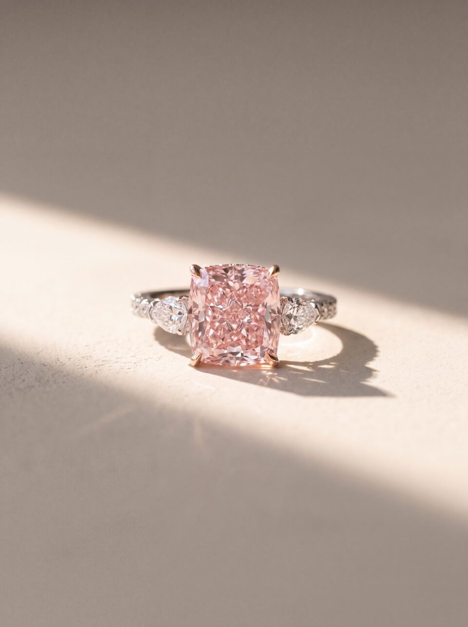 3.00 CT Pink Cushion Lab Grown Diamond Engagement Ring, Pear Side Stone Three Stone Ring, Round Accent Pavé Solid Gold Bridal Anniversary Statement Ring