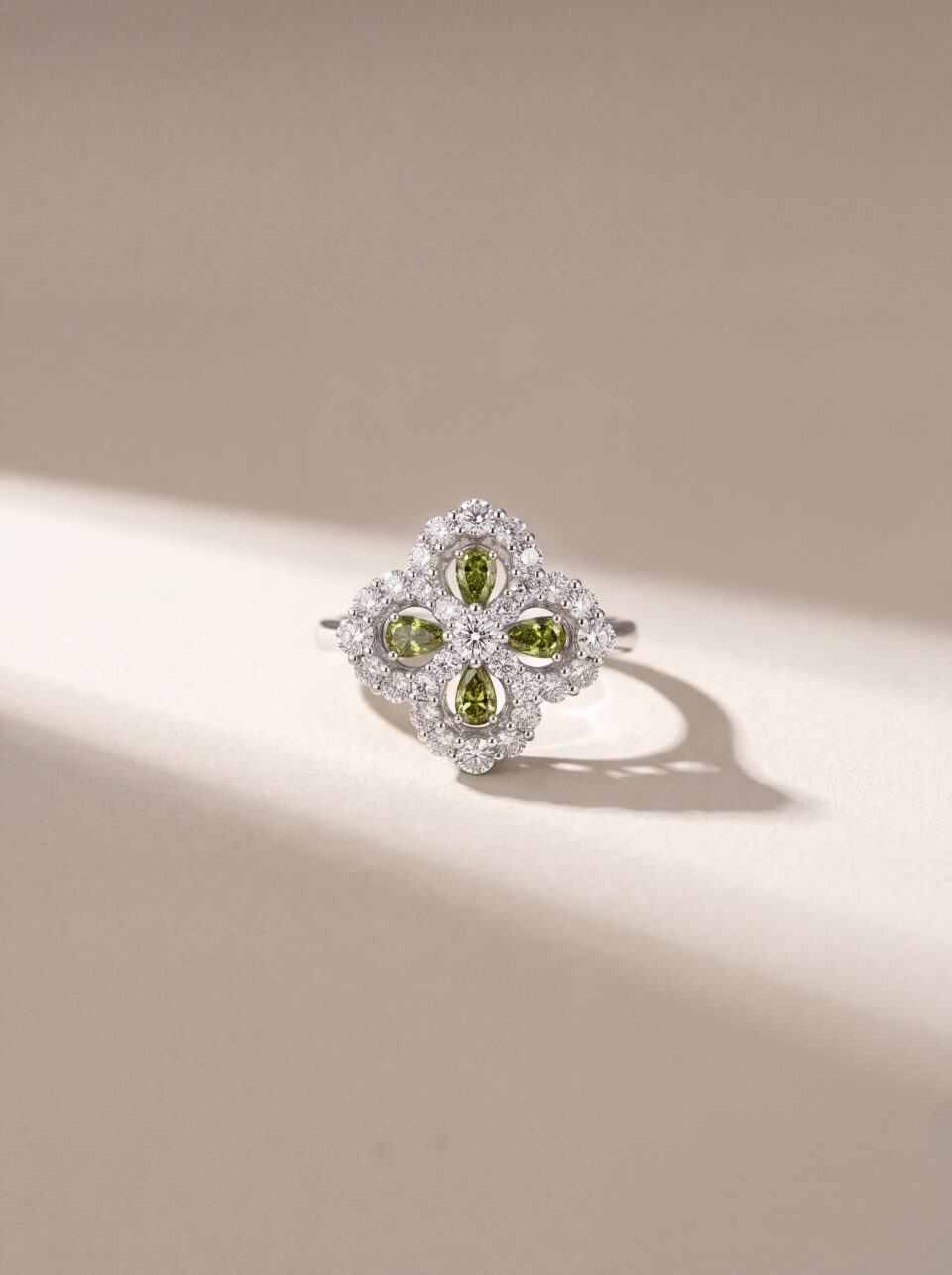 1.40 CTW Green Pear Lab Grown Diamond Floral Cluster Ring, Clover Halo Statement Ring
